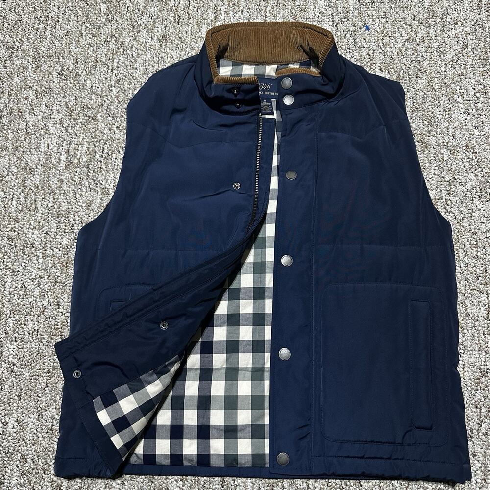 Brooks Brothers Navy Quilted Vest with Plaid Lining and Brown Corduroy Collar